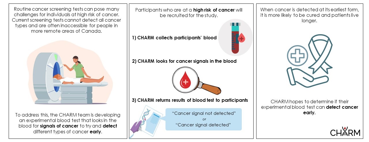 Infographic summary describing how an experimental blood test could detect cancer early.